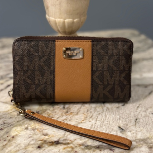Michael Kors Handbags - Michael Kors Brown and Tan Logo Zip Wristlet Wallet